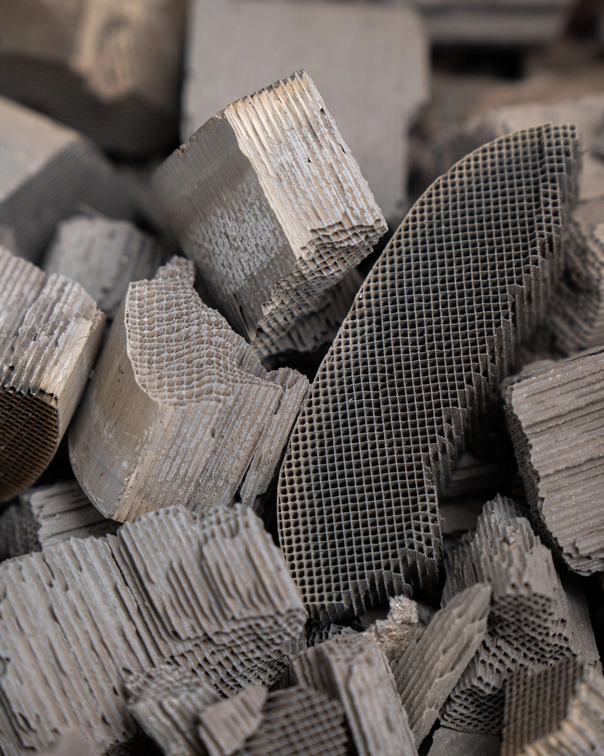 Broken honeycomb ceramic from catalytic converter recycling